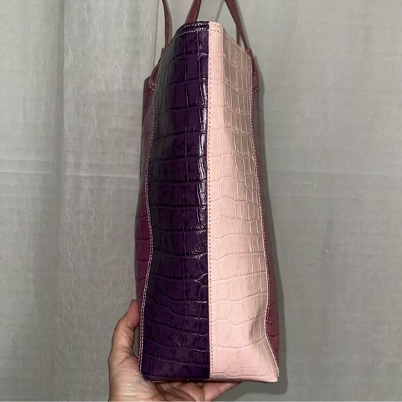 Valerie Stevens Four Tone Warm Purple Pink Croc Print Genuine Leather Tote - Picture 7 of 12